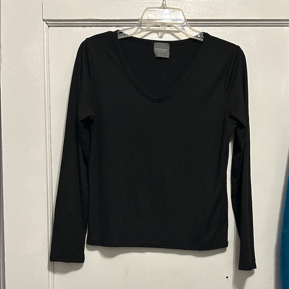 Olivia Rae Black Ribbed V-Neck Long Sleeve Tee